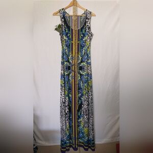 Vintage Retro Animal Print Floral Maxi Dress Blue Purple and Green S Stretchy
